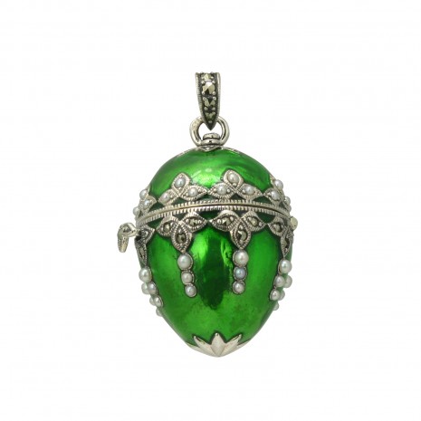 Silver Marcasite Green Enamel and Pearl Opening Egg Pendant