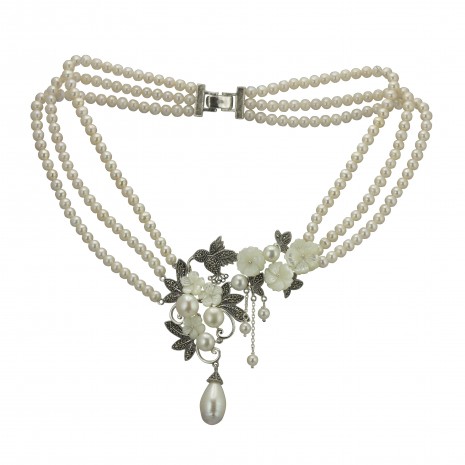 Silver Marcasite and Pearl flower Necklet