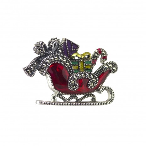 Silver Enamel Christmas Sledge Brooch