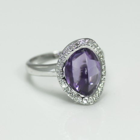 Silver Creased Amethyst and Cubic Zirconia Ring