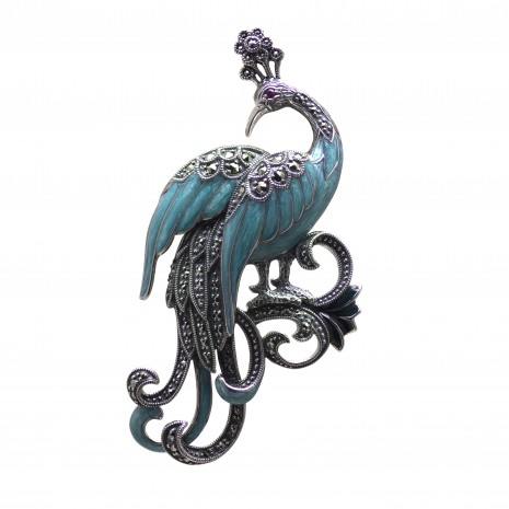 Silver Marcasite and Enamel Peacock Brooch