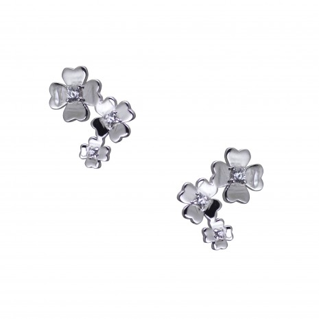 Silver Three Flower Stud Earring with White Cubic Zirconia