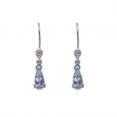9ct White Gold Pear Shaped Blue Topaz Drop on French Wire with Diamonds