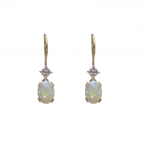 9ct Yellow Gold Oval Drop Earrings on French Wire with Opal and Diamonds