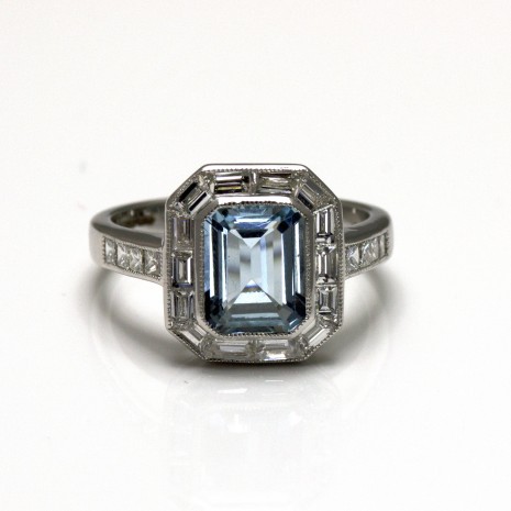 18ct White Gold Deco Style Baguette Diamond Cluster with Aquamarine