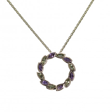 9ct Yellow Gold Round Marquis Amethyst and Peridot Pendant on Chain