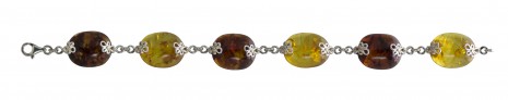 Silver Openwork Flower Bracelet with Red and Yellow Oval Amber Cabochons
